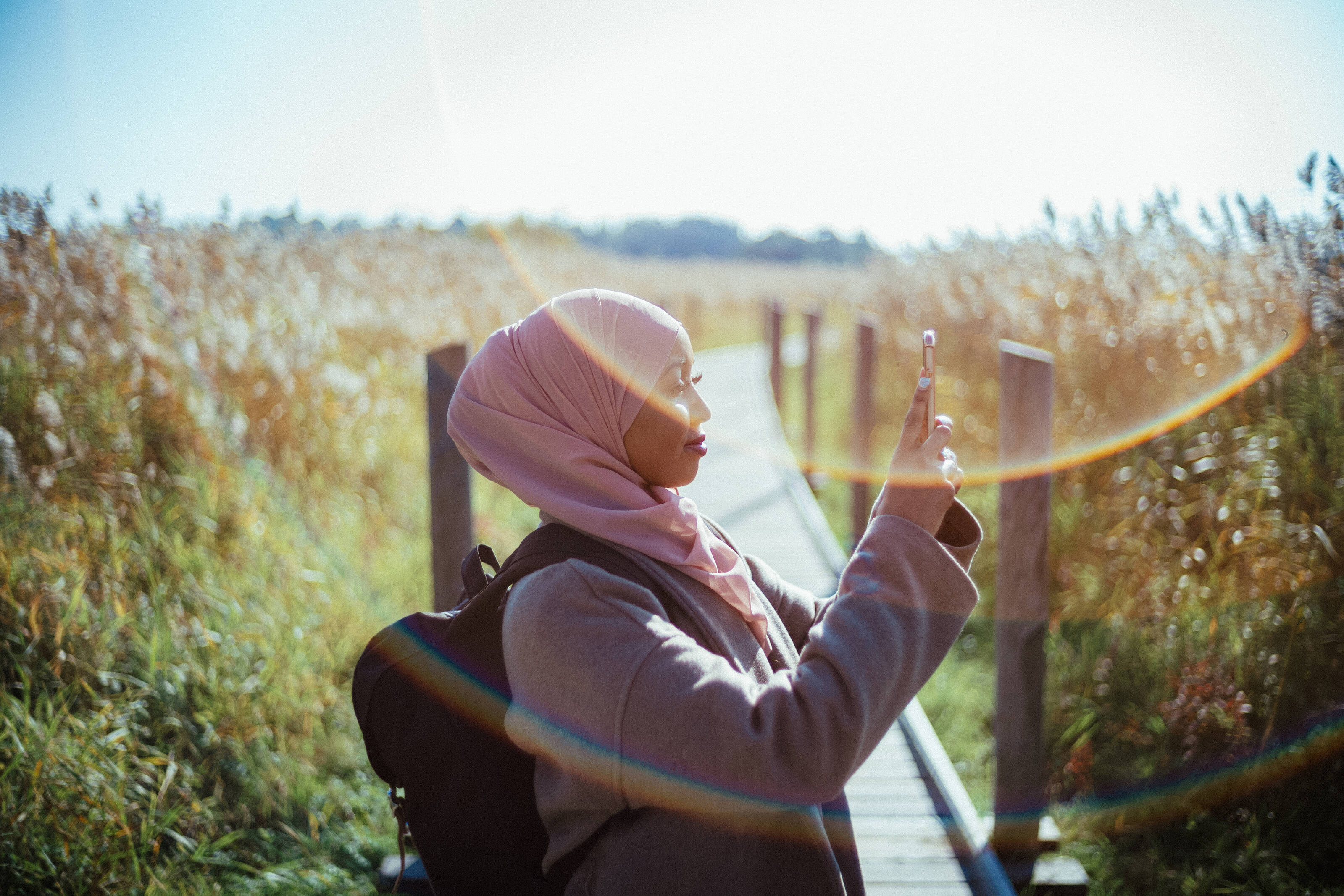 A woman standing on duckboards and taking a picture of a bed of reeds with her phone.